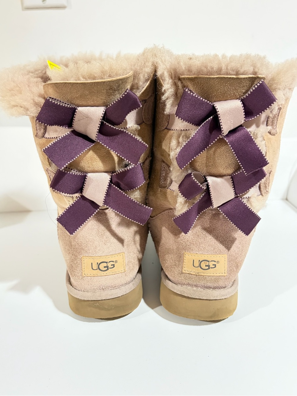 UGG Women's Chestnut Suede Boots with Purple Ribbon Bows